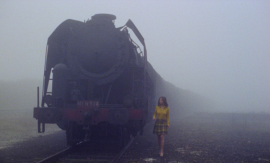 The girl looks for the boy in a train graveyard