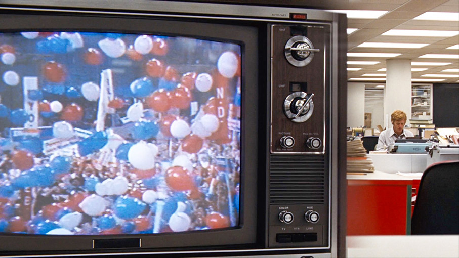 As Woodward types, the doomed Nixon unknowingly celebrates on TV